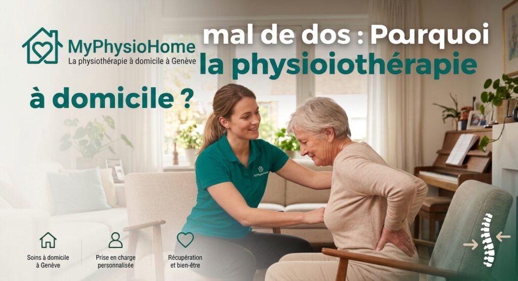 Une physiothérapeute vêtue d'un polo bleu-vert apporte des soins à domicile à une patiente souffrant de mal de dos à Genève, avec le titre du blog "Lumbago et mal de dos : Pourquoi opter pour la physiothérapie à domicile ?"