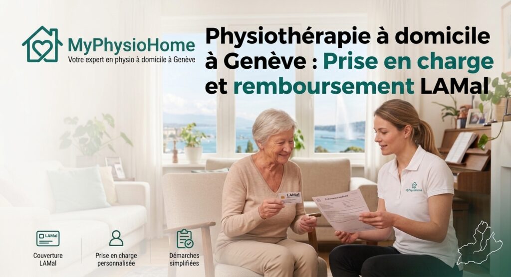 Une physiothérapeute de MyPhysioHome à Genève explique les documents de prise en charge et de remboursement LAMal à une patiente âgée à domicile. La patiente tient sa carte LAMal et la physiothérapeute tient une ordonnance médicale, avec le Jet d'Eau de Genève visible en arrière-plan.
