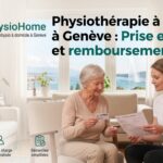 Une physiothérapeute de MyPhysioHome à Genève explique les documents de prise en charge et de remboursement LAMal à une patiente âgée à domicile. La patiente tient sa carte LAMal et la physiothérapeute tient une ordonnance médicale, avec le Jet d'Eau de Genève visible en arrière-plan.