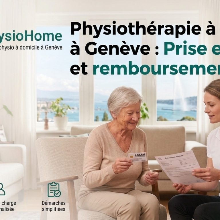 Une physiothérapeute de MyPhysioHome à Genève explique les documents de prise en charge et de remboursement LAMal à une patiente âgée à domicile. La patiente tient sa carte LAMal et la physiothérapeute tient une ordonnance médicale, avec le Jet d'Eau de Genève visible en arrière-plan.
